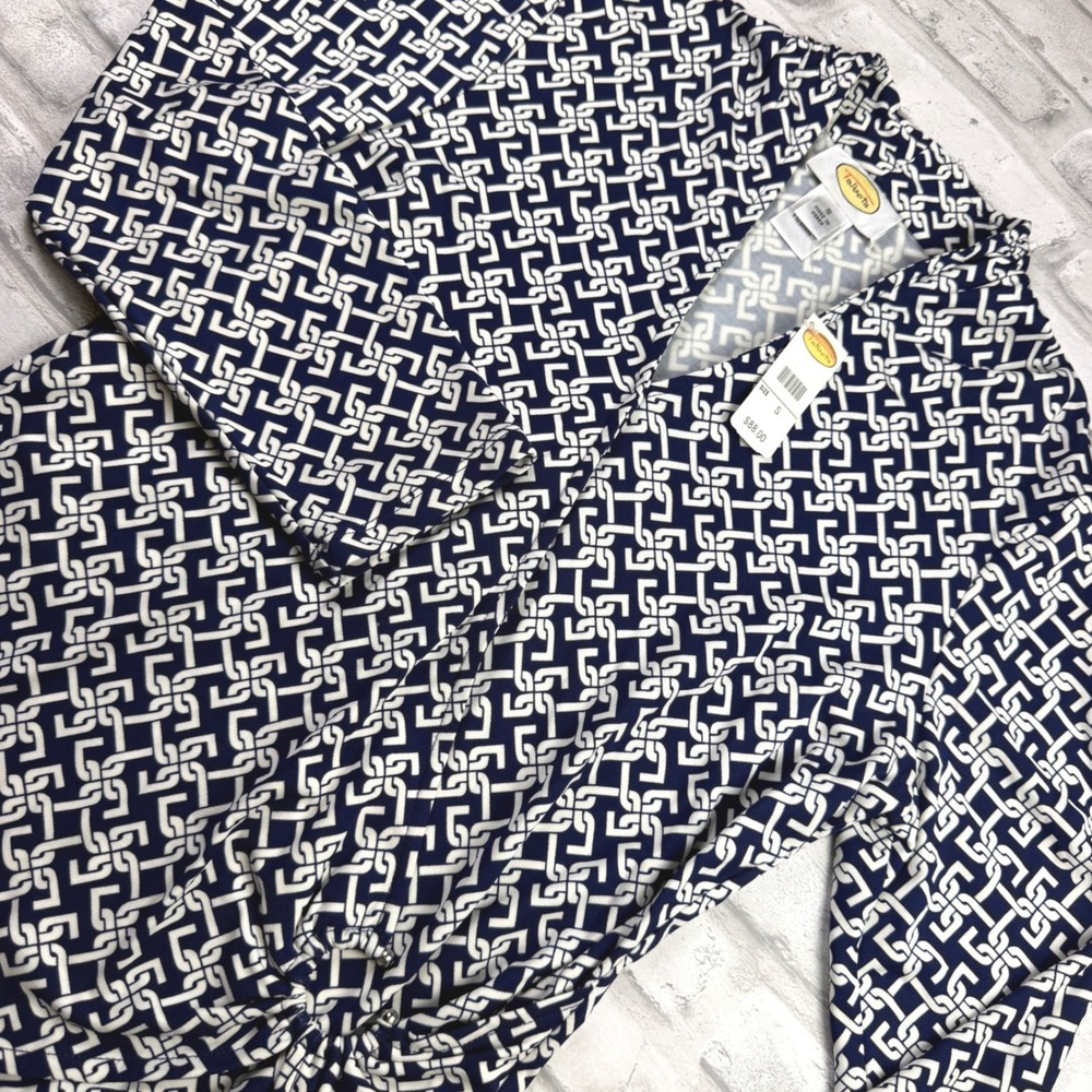 Talbots Faux Wrap Top Women Small Navy White Geometric Long Sleeve NWT